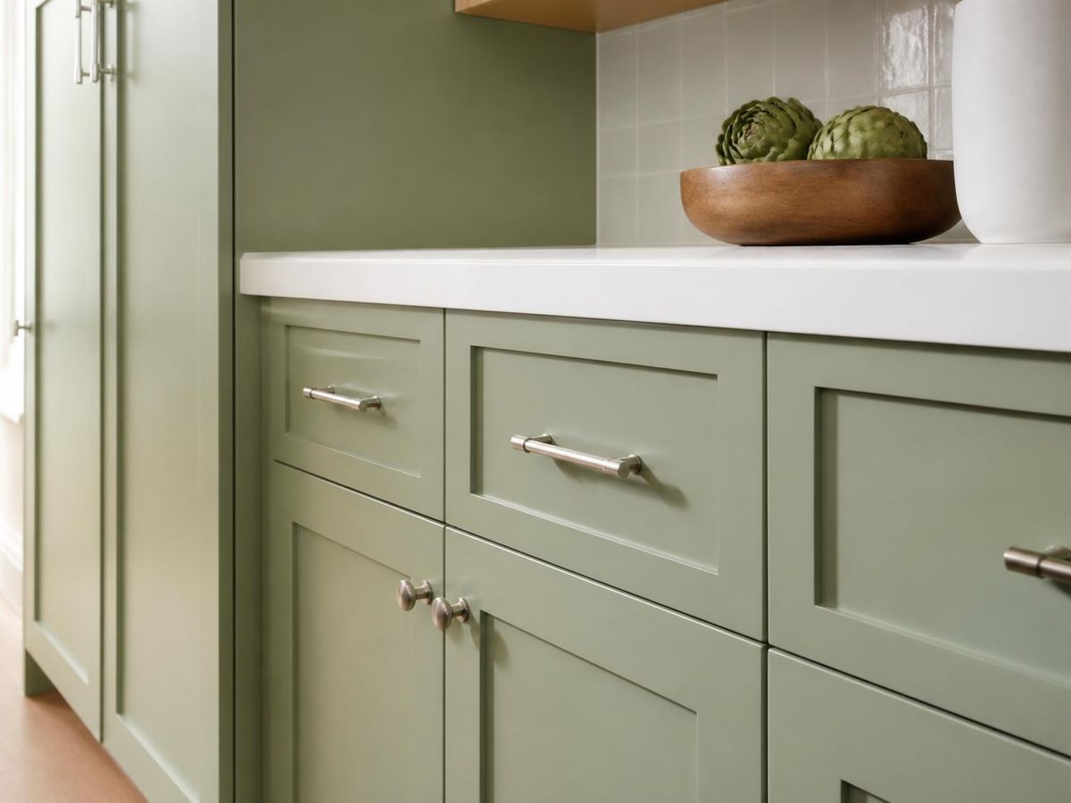 Kitchen cabinets painted in a sage green satin finish